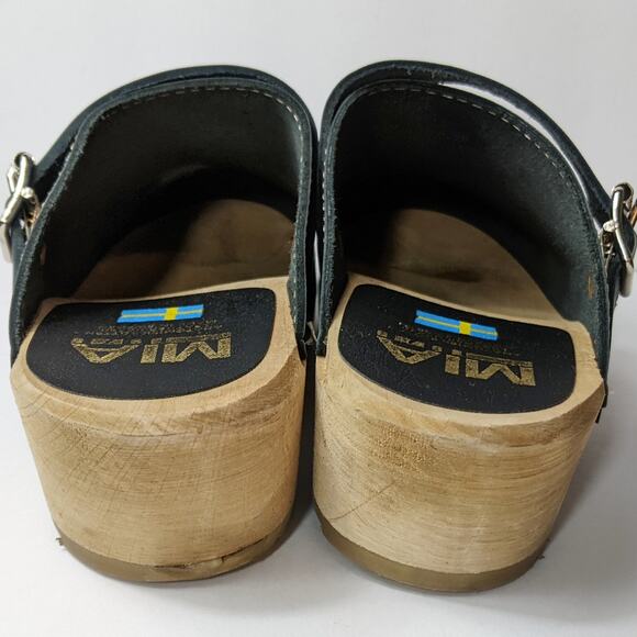 MIA 37 black leather Alma clog wood slip on harness buckle Swedish low heel - Picture 5 of 7